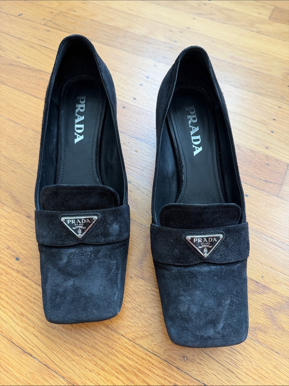 Prada Black Suede Square-Toe Loafers with Triangle Logo